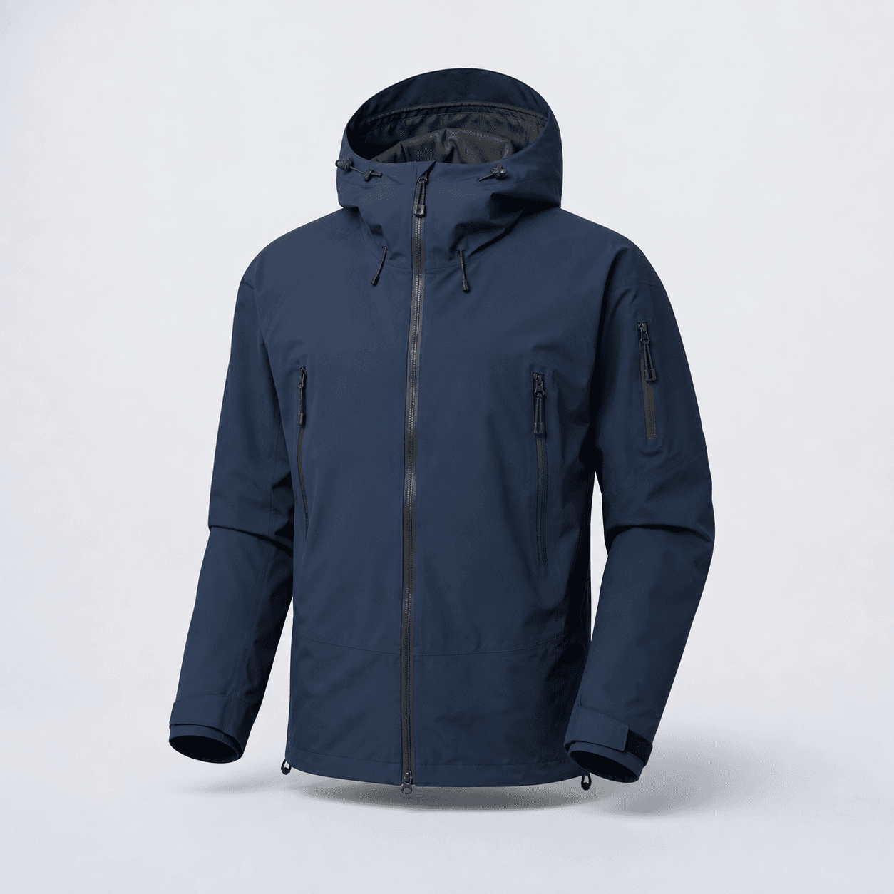 Fictional Auralp ST-47 technical jacket in midnight blue, fully visible from the front on a light background.