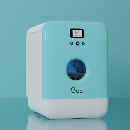 Mini lave-vaisselle Bob blanc avec porte Bleu Glacier, visuel produit Daan Tech.