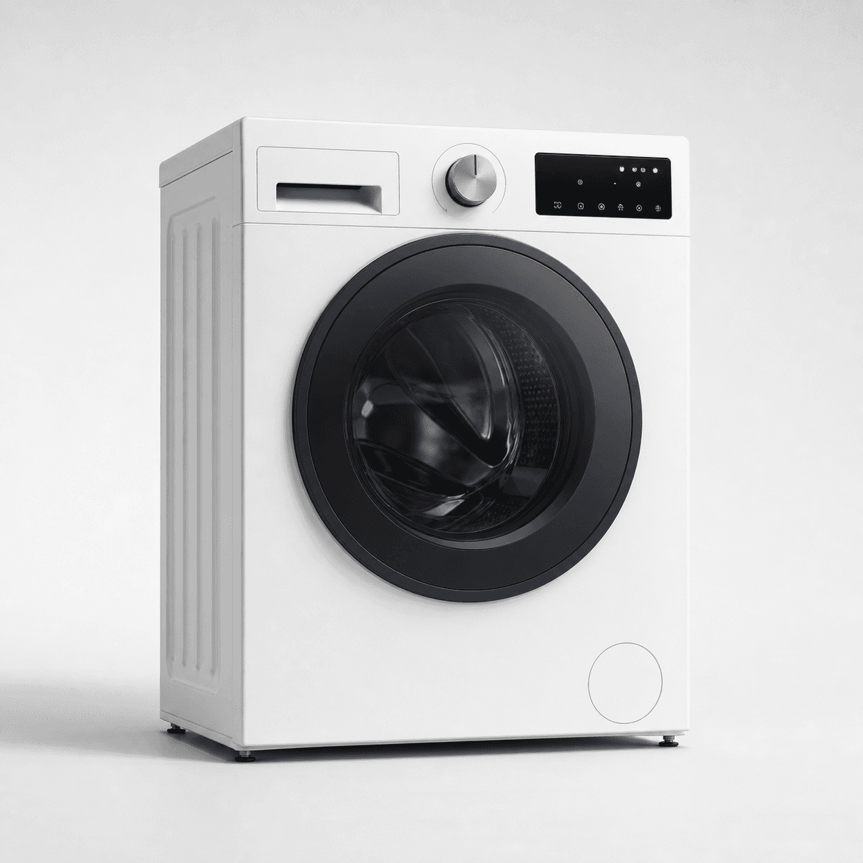 Fictional white Calyra W8 front-load washing machine with a navy door, fully visible on a light background.