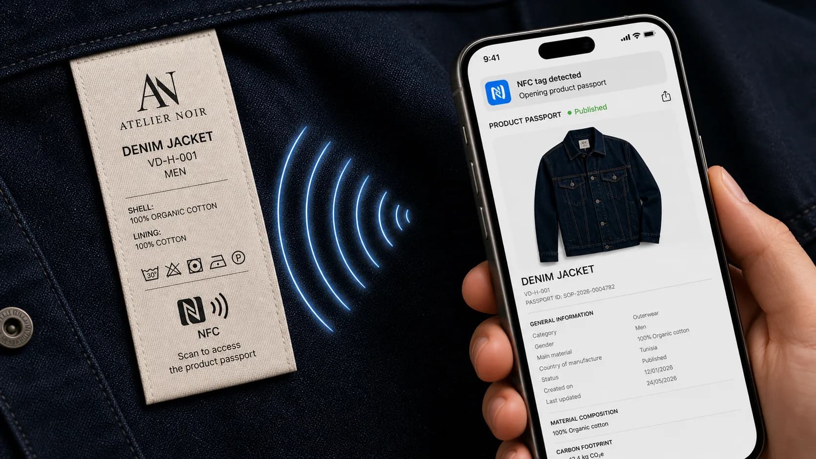 White-label textile tag with classic NFC detected by an iPhone.