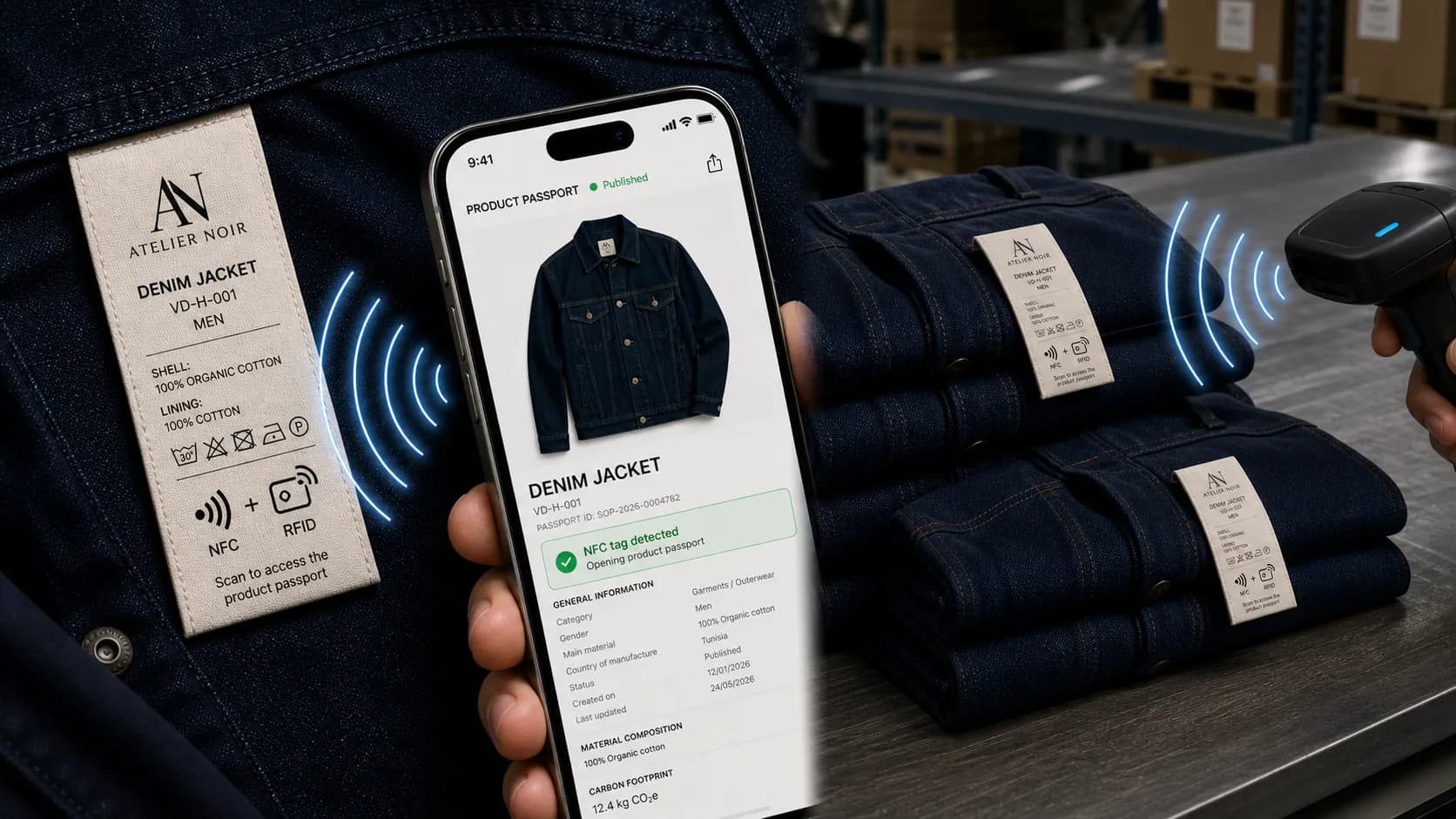 White-label textile tag combining NFC and RFID, with customer reading and logistics scanning.