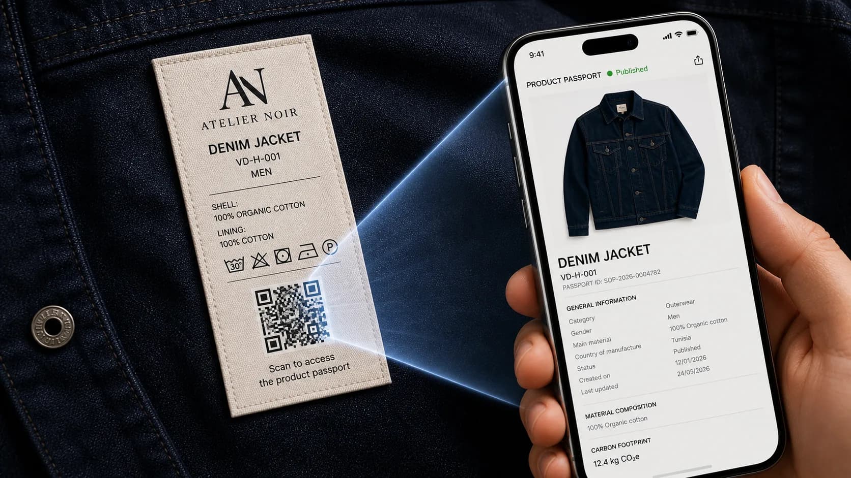 White-label textile tag with a QR Code scanned by an iPhone.