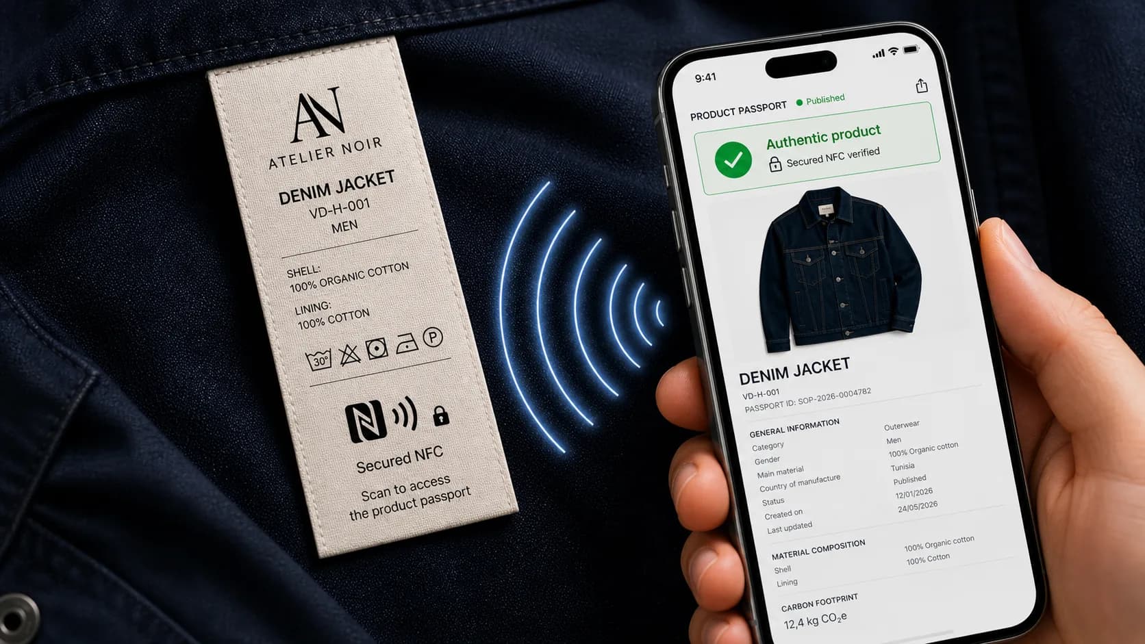 White-label textile tag with secure NFC and authenticity proof on an iPhone.